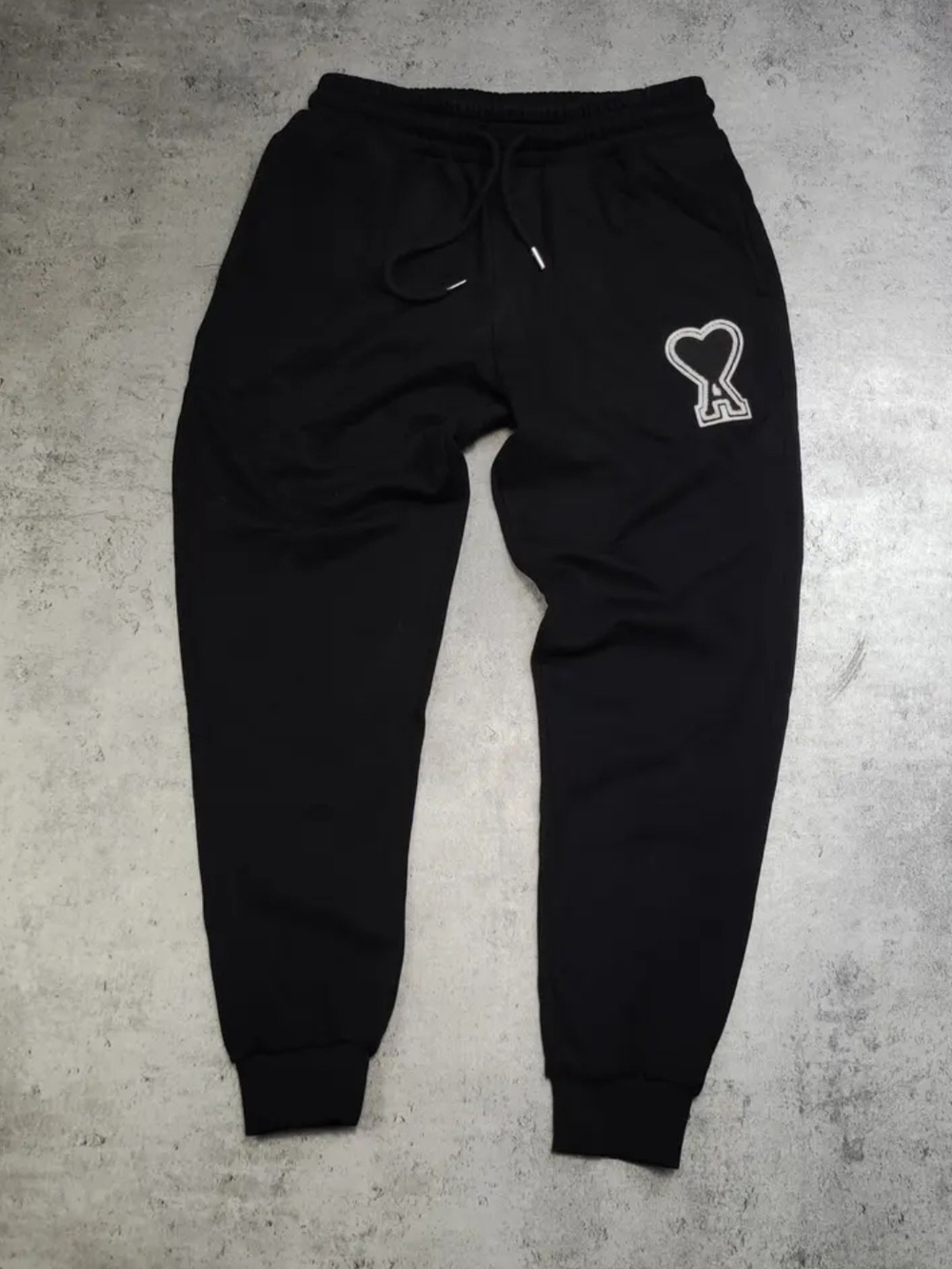 Ami Authentic Black Ribbed Waist Joggers with heart Detail
